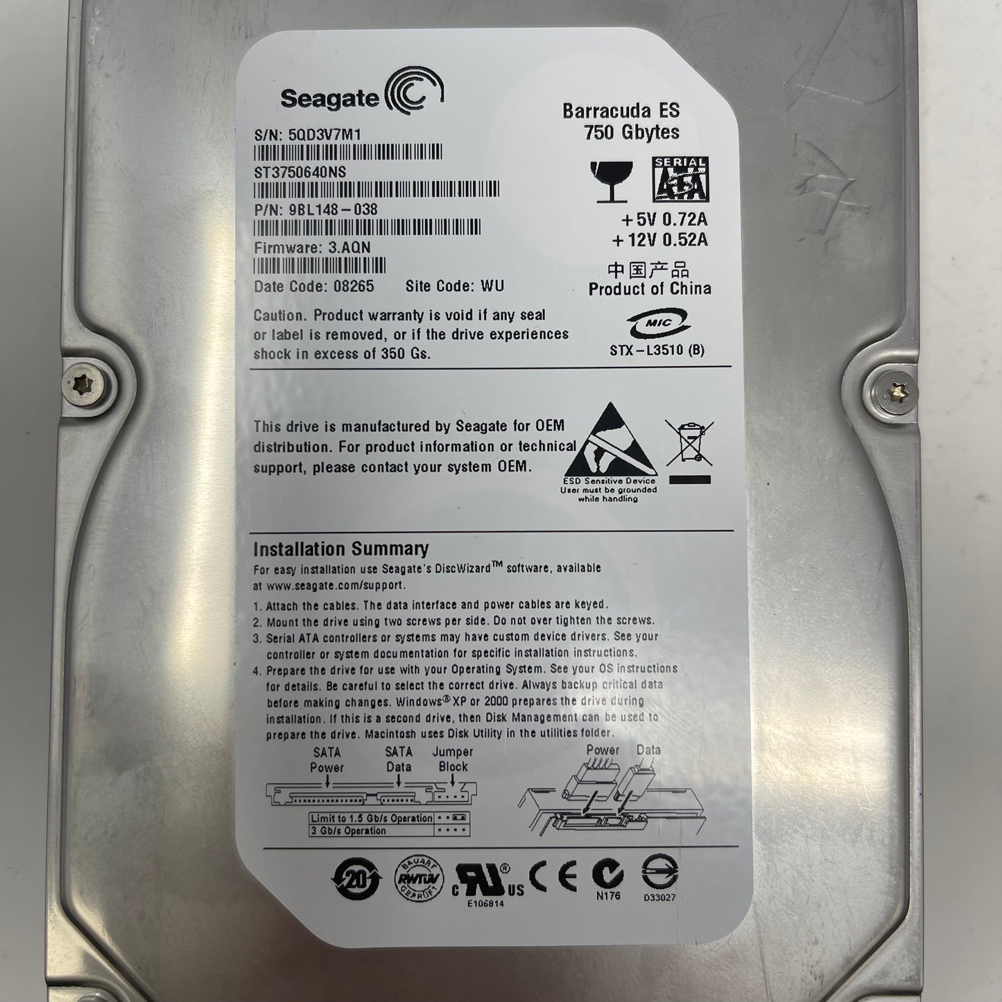 Lot of 10 HHD Seagate Barracuda ES 750GB