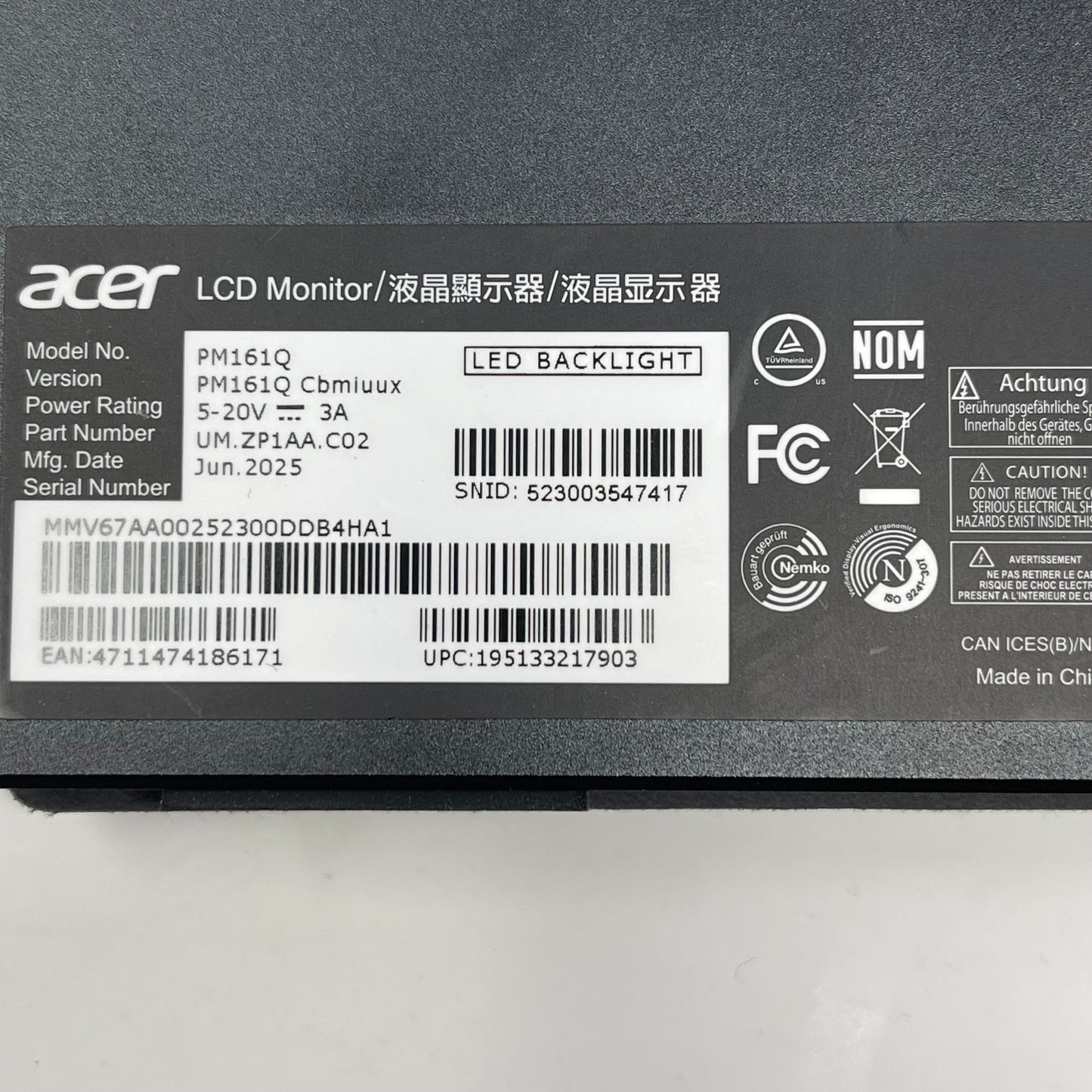 Acer PM161Q LCD Portable Monitor PM161Q