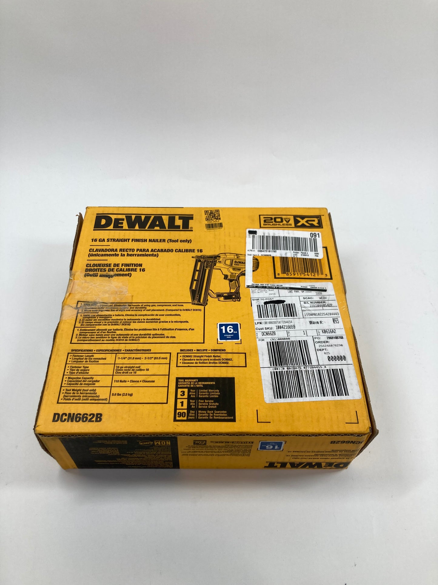 DeWalt DCN662B 20V MAX XR 16 GA Strait Finish Nailer