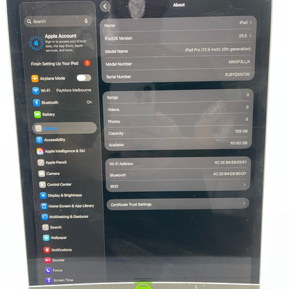 WiFi Only Apple iPad Pro 12.9" 6th Gen 128GB Silver MNXP3LL/A