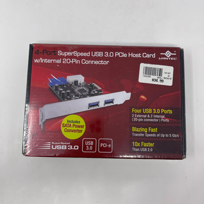 New Vantec 4 Port SuperSpeed USB 3.0 PCIe Host Card w/ Internal 20 Pin Connector