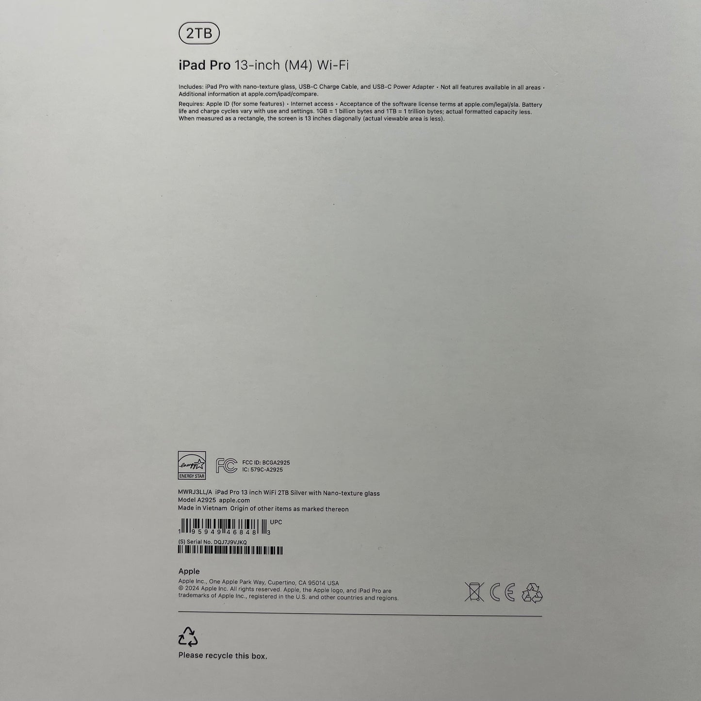 New WiFi Only Apple iPad Pro 13" M4 2TB White MWRJ3LL/A