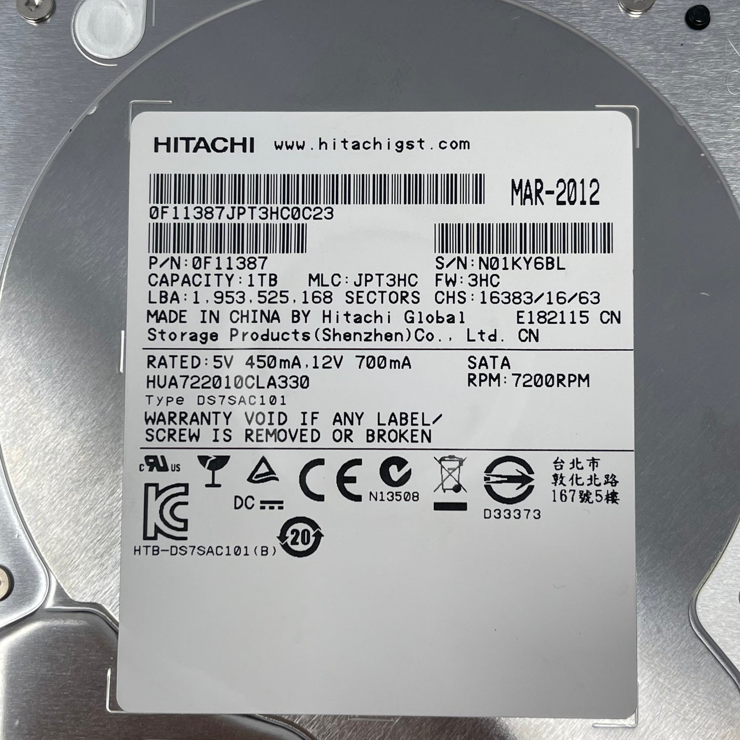 Lot of 4 Hitachi 1TB HHD Hard Disk Drive 0F11387