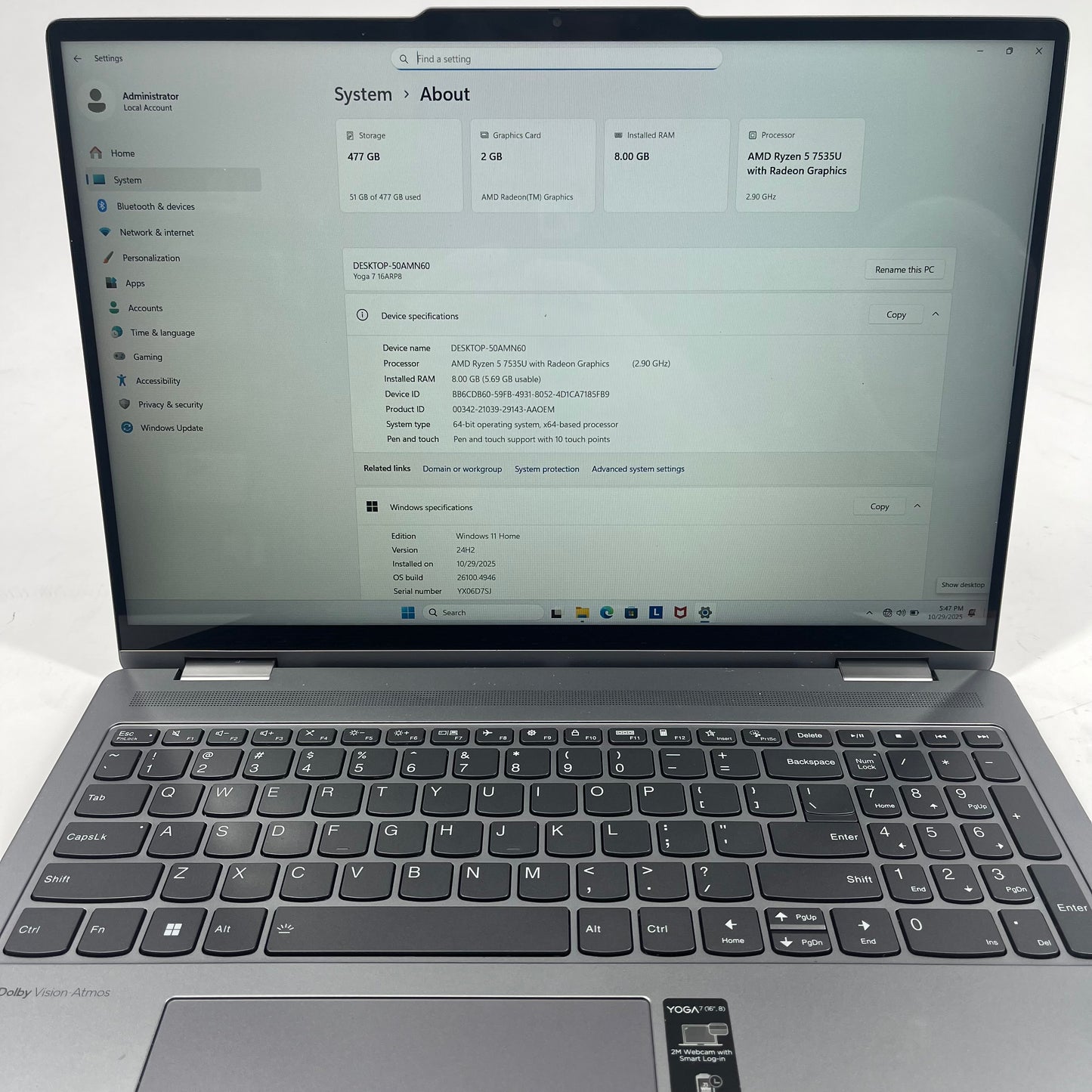 Lenovo Yoga 7 16ARP8 16" Ryzen 5 7535U 2.9GHz 8GB RAM 512GB SSD