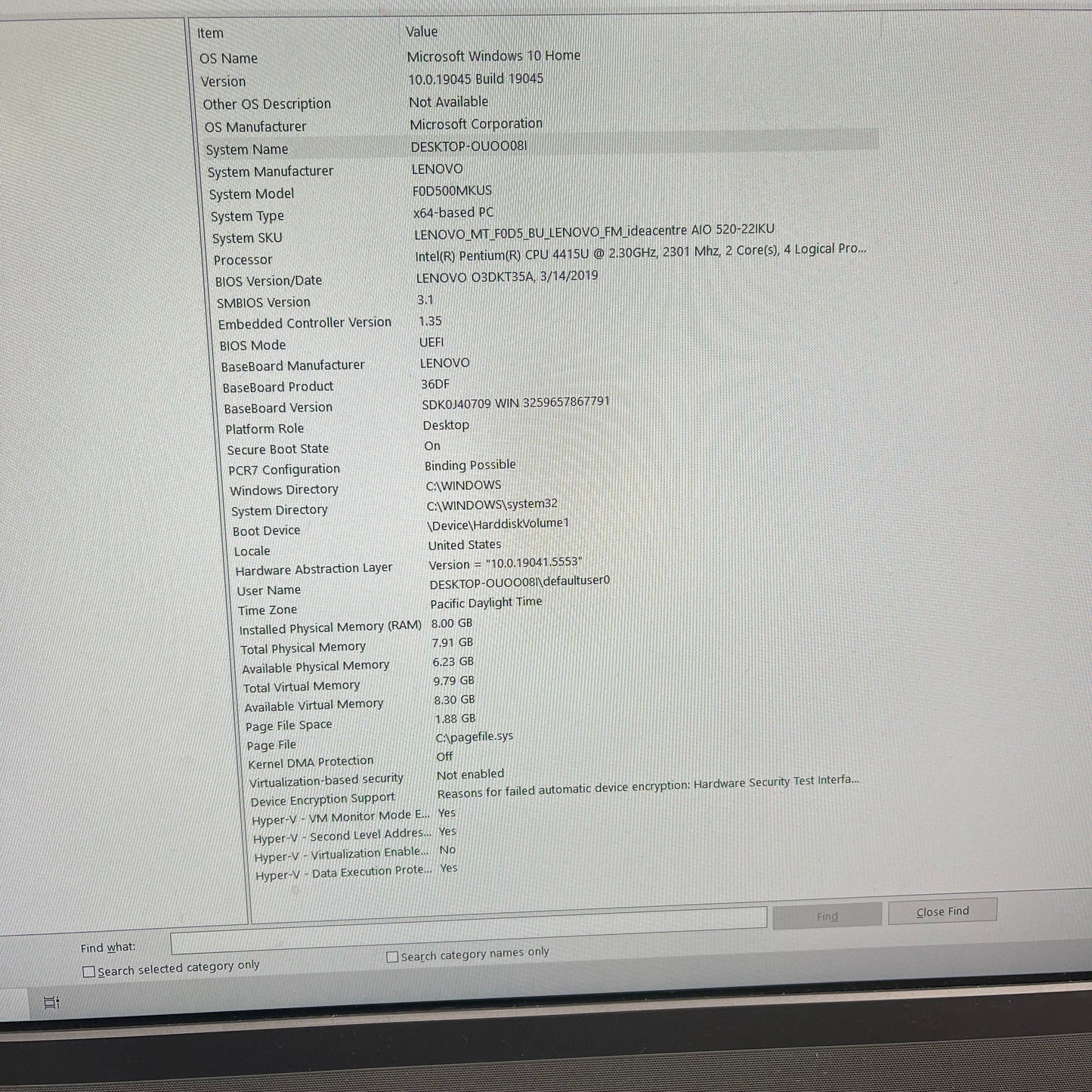 Lenovo AIO 520-22IKU 00MKUS 21.5" Pentium Gold 4415U 2.30GHz 8GB RAM 1TB SSD