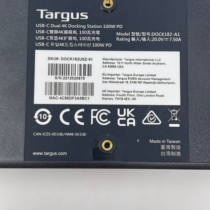 Targus  USB-C Dual 4K Docking Station 100W PD DOCK182-A1