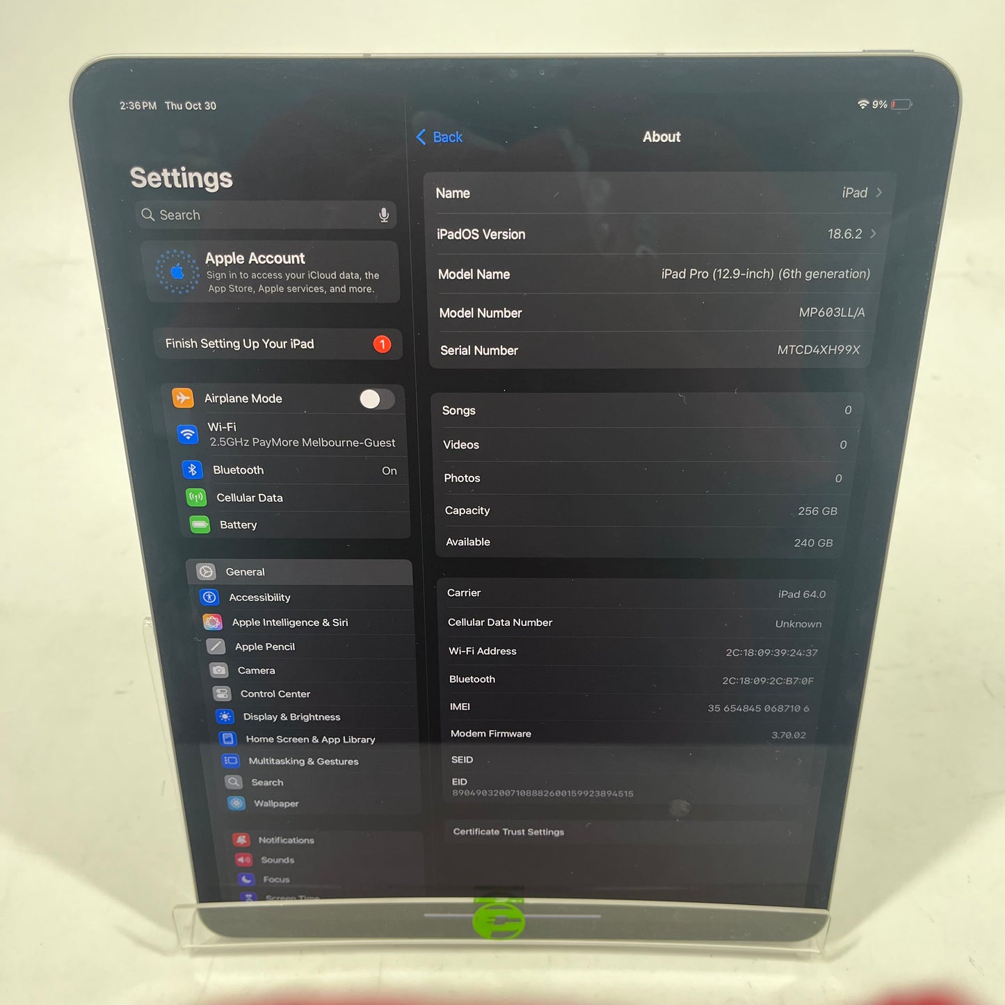 Unlocked Apple iPad Pro 12.9" 6th Gen 256GB 18.6.2 Space Black MP603LL/A