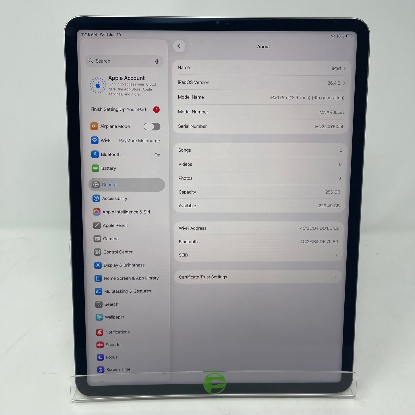WiFi Only Apple iPad Pro 12.9" 6th Gen 256GB Silver MNXR3LL/A
