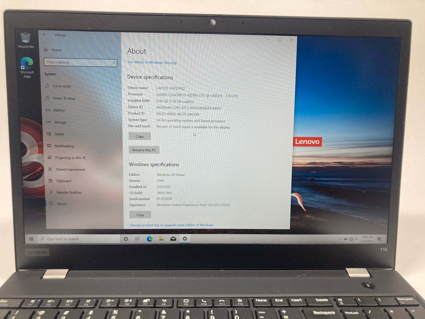 Lenovo ThinkPad 20S7S1N300 15" i5-10210u 1.6GHz 8GB RAM 256GB SSD