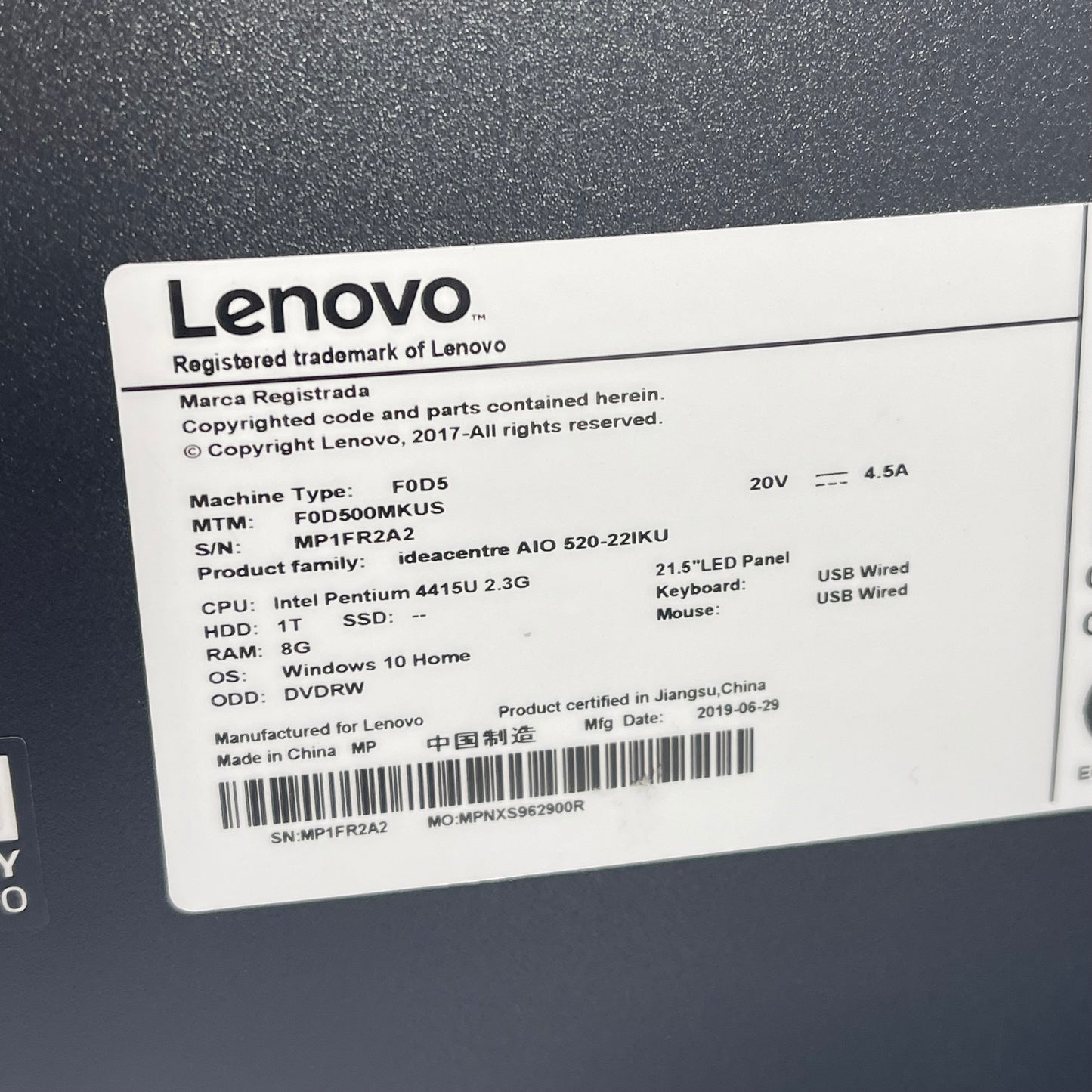 Lenovo AIO 520-22IKU 00MKUS 21.5" Pentium Gold 4415U 2.30GHz 8GB RAM 1TB SSD