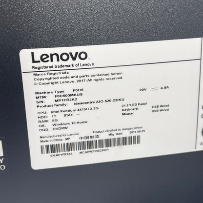 Lenovo AIO 520-22IKU 00MKUS 21.5" Pentium Gold 4415U 2.30GHz 8GB RAM 1TB SSD